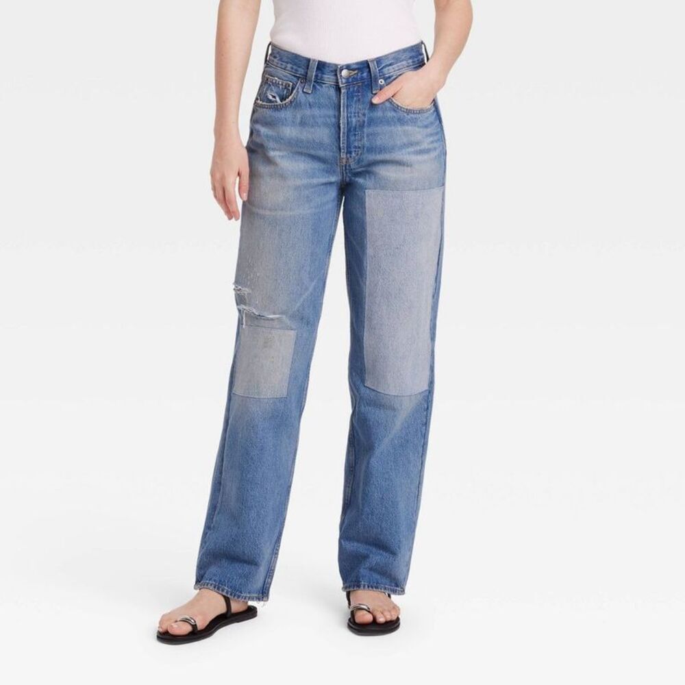 Women's Mid-Rise Patchwork 90's Baggy Jeans - Universal Thread Blue 10